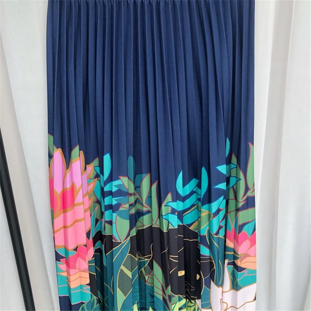 Floral Print Skirt Women Summer Vintage Casual A Line High Waist Pleated Midi Skirt