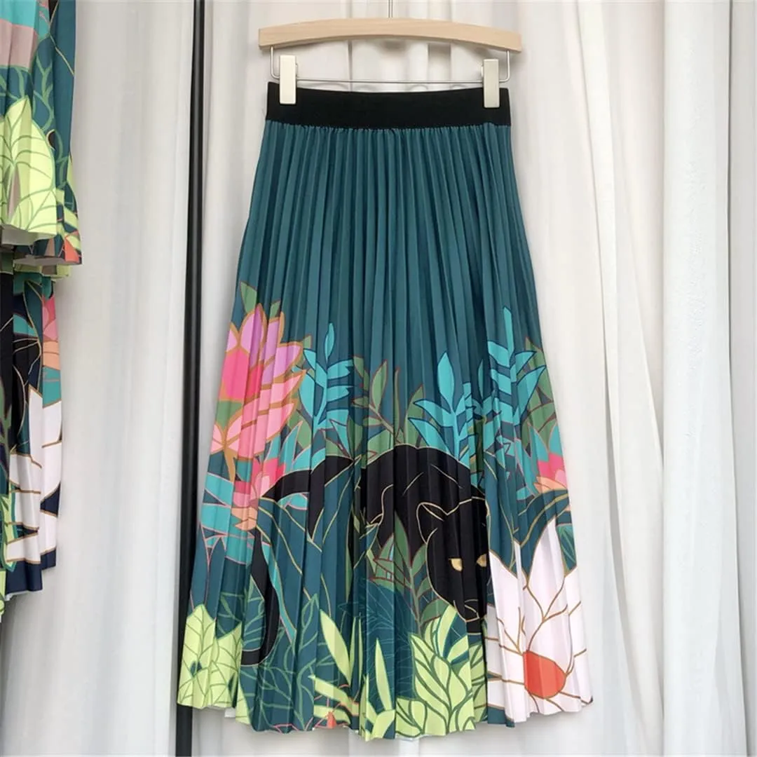 Floral Print Skirt Women Summer Vintage Casual A Line High Waist Pleated Midi Skirt