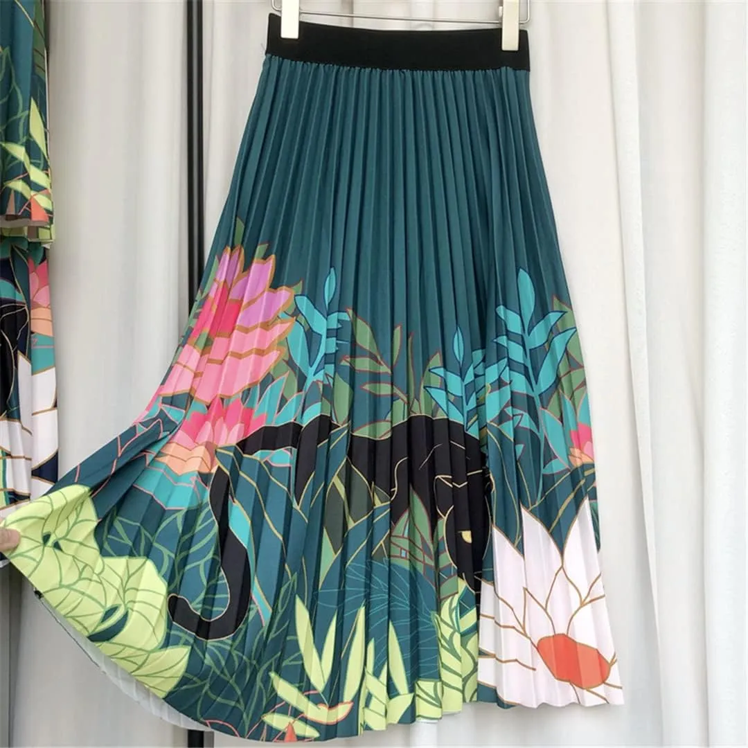 Floral Print Skirt Women Summer Vintage Casual A Line High Waist Pleated Midi Skirt