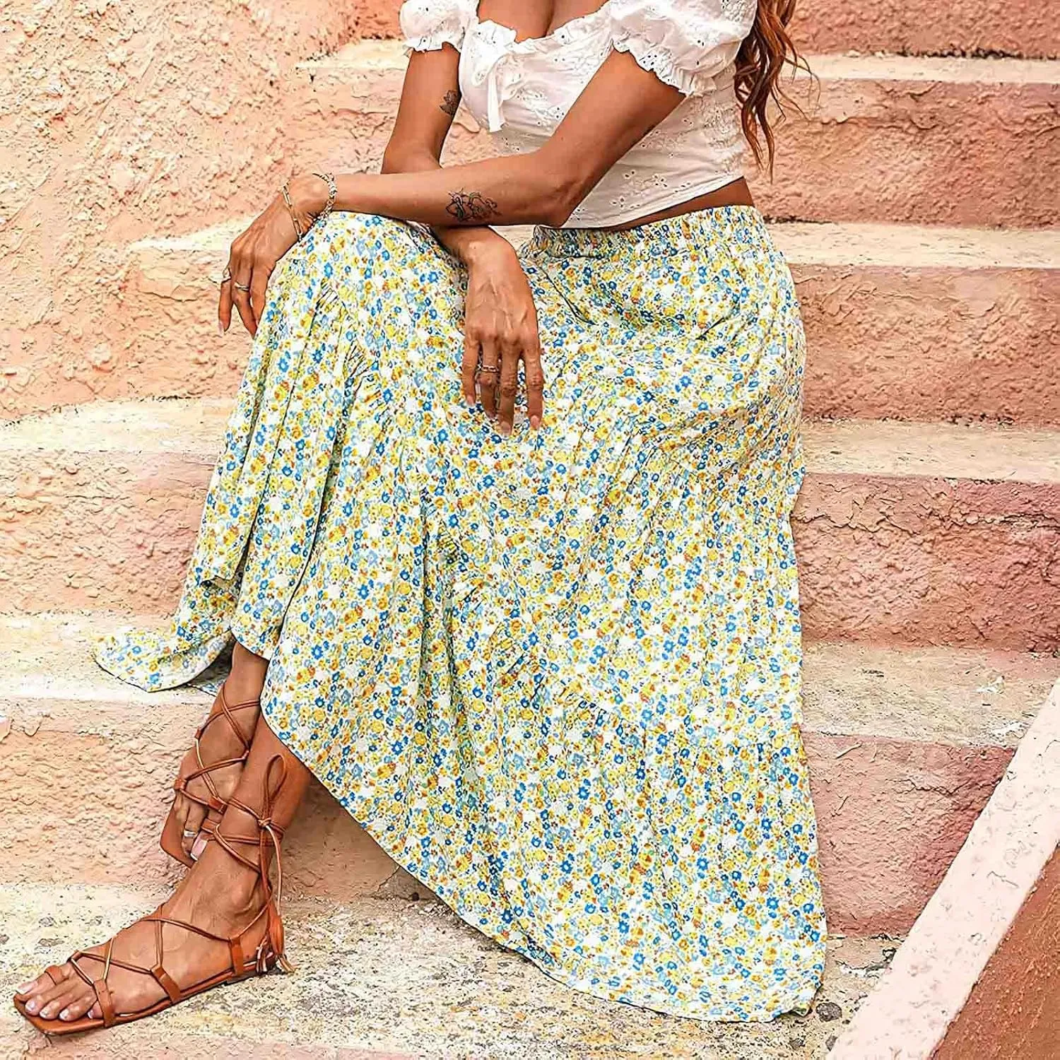 Floral Skirts for Women High Waist Flared Maxi Skirts Summer Vacation Beach Boho Flower Print Ruffle Swing Skirt