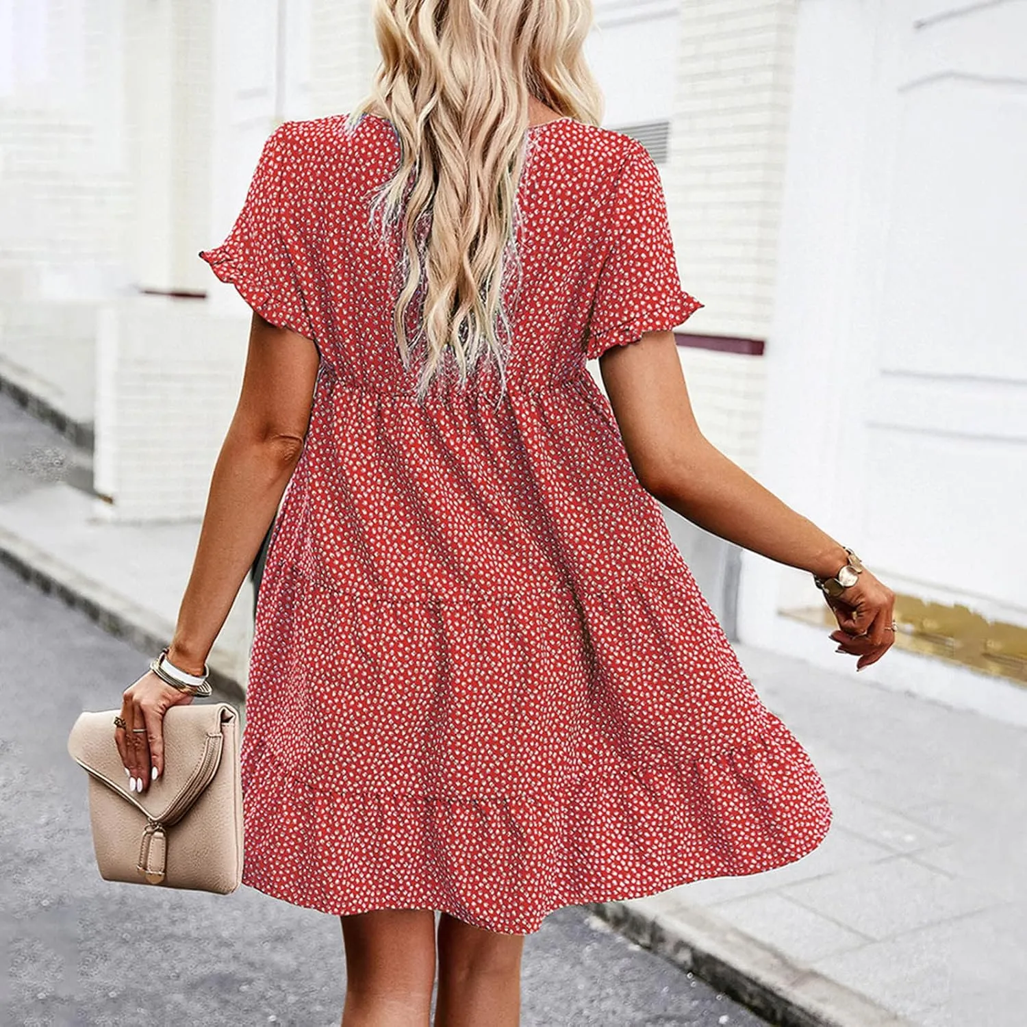 Flower Dresses for Women, Summer Casual Boho Dress Floral Ruffle Hem Puff Sleeve High Waist Midi Beach Dresses Comfy