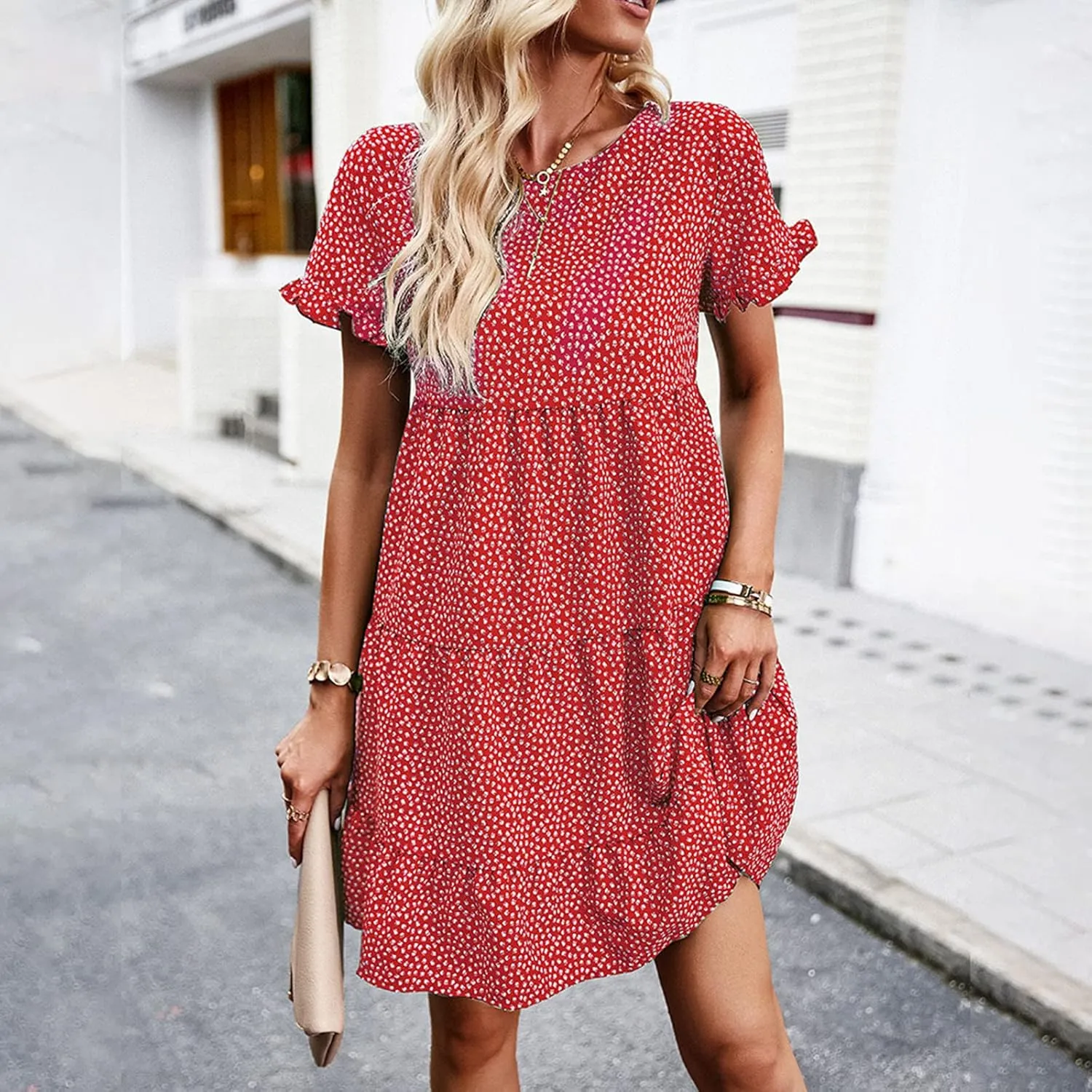 Flower Dresses for Women, Summer Casual Boho Dress Floral Ruffle Hem Puff Sleeve High Waist Midi Beach Dresses Comfy