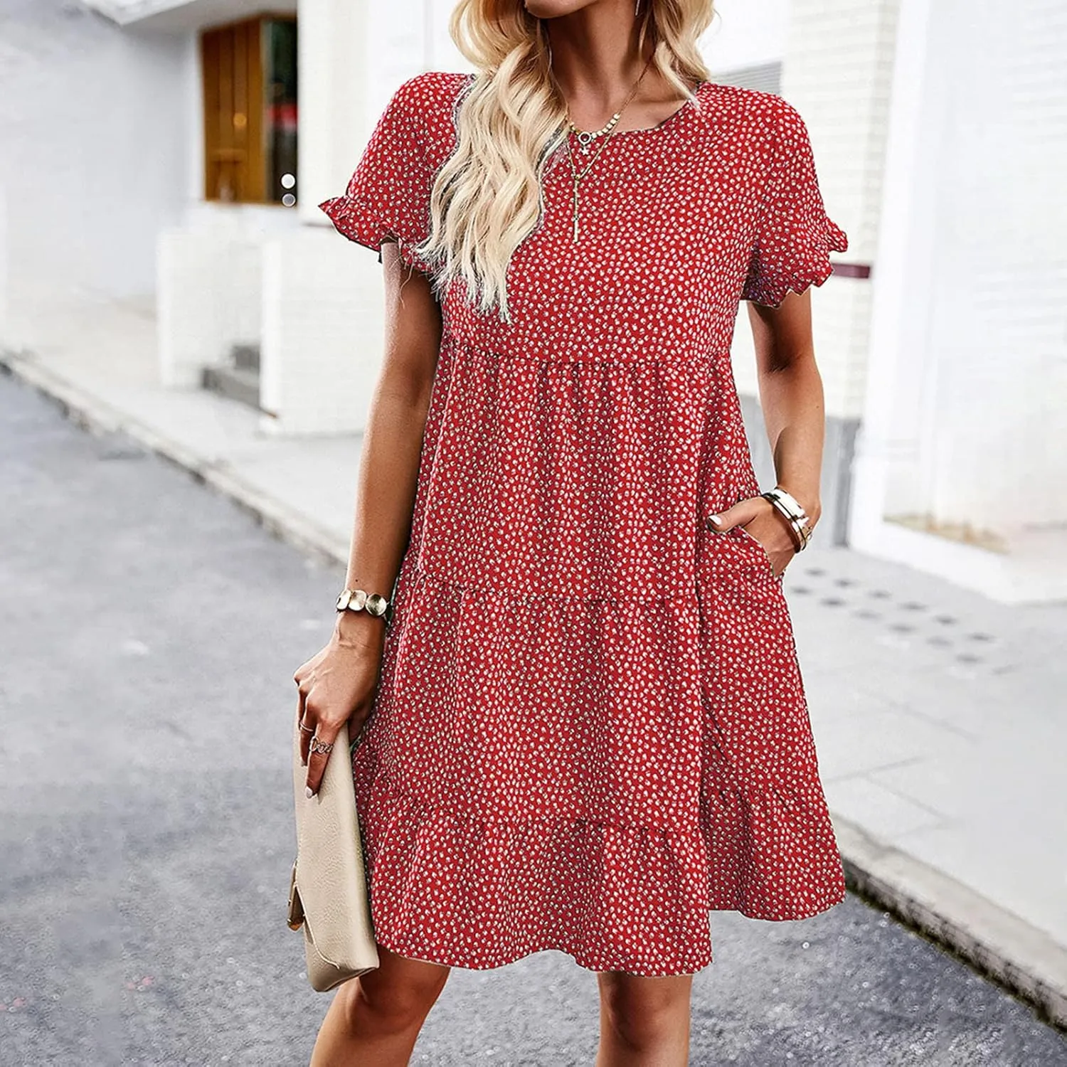 Flower Dresses for Women, Summer Casual Boho Dress Floral Ruffle Hem Puff Sleeve High Waist Midi Beach Dresses Comfy