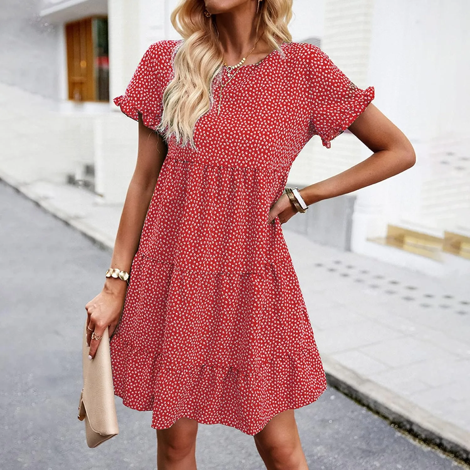 Flower Dresses for Women, Summer Casual Boho Dress Floral Ruffle Hem Puff Sleeve High Waist Midi Beach Dresses Comfy