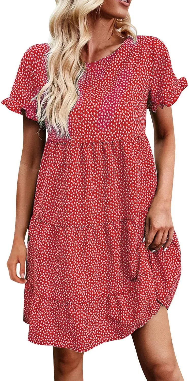 Flower Dresses for Women, Summer Casual Boho Dress Floral Ruffle Hem Puff Sleeve High Waist Midi Beach Dresses Comfy