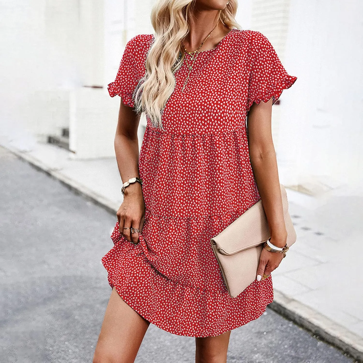 Flower Dresses for Women, Summer Casual Boho Dress Floral Ruffle Hem Puff Sleeve High Waist Midi Beach Dresses Comfy