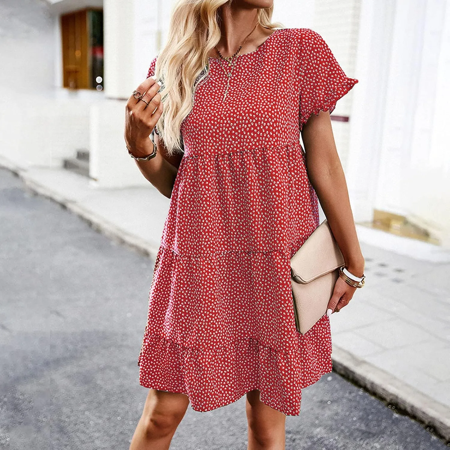 Flower Dresses for Women, Summer Casual Boho Dress Floral Ruffle Hem Puff Sleeve High Waist Midi Beach Dresses Comfy