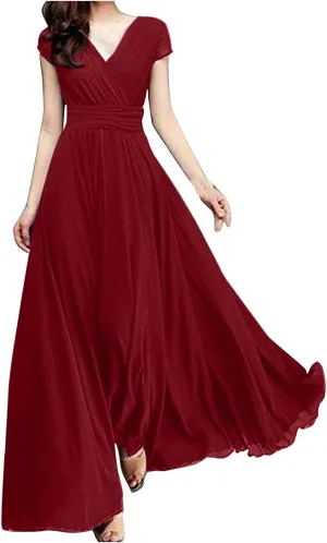 Flowy Maxi Dress Womens Spring Dresses Plus Size Short Sleeve V Neck Long Casual Plain Fashion Wedding Guest Dress S-5X