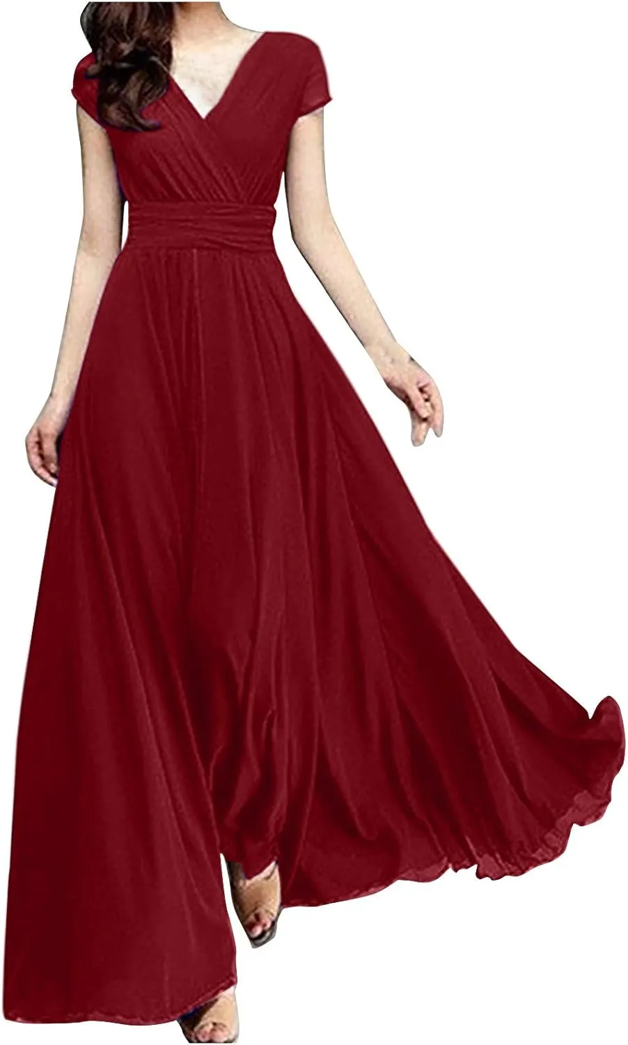 Flowy Maxi Dress Womens Spring Dresses Plus Size Short Sleeve V Neck Long Casual Plain Fashion Wedding Guest Dress S-5X