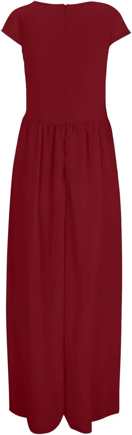 Flowy Maxi Dress Womens Spring Dresses Plus Size Short Sleeve V Neck Long Casual Plain Fashion Wedding Guest Dress S-5X