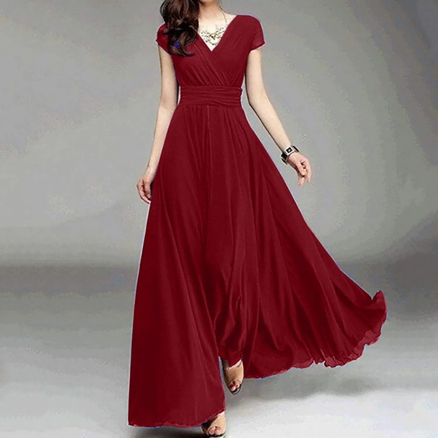 Flowy Maxi Dress Womens Spring Dresses Plus Size Short Sleeve V Neck Long Casual Plain Fashion Wedding Guest Dress S-5X