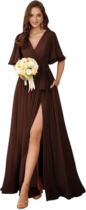 Flutter Sleeve Chiffon Bridesmaid Dresses Long with Pockets Slit V Neck Formal Dress for Women