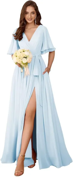 Flutter Sleeve Chiffon Bridesmaid Dresses Long with Pockets Slit V Neck Formal Dress for Women