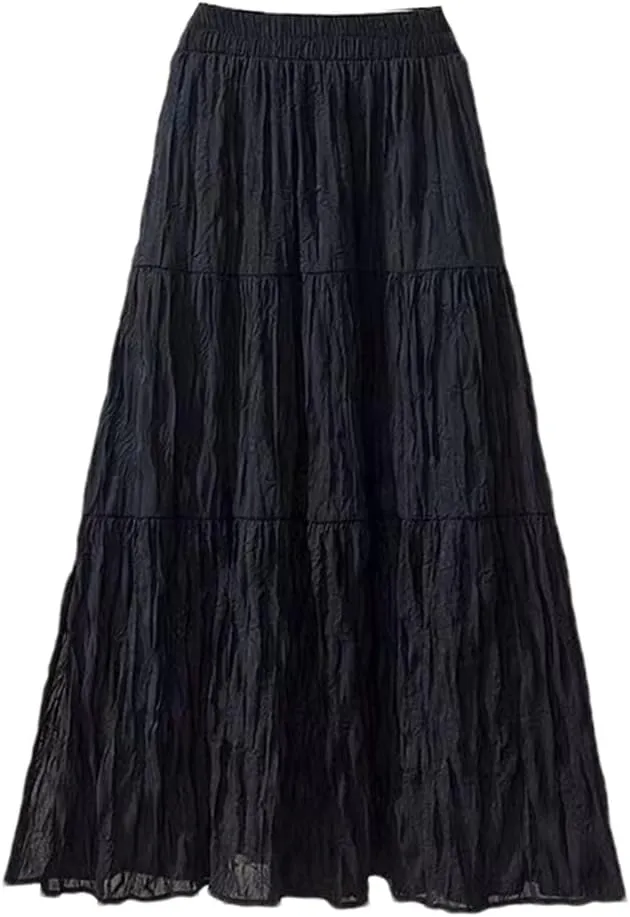 Folds Pleated Midi Skirt Women Summer Vintage Casual Solid A Line High Waist Long Skirt