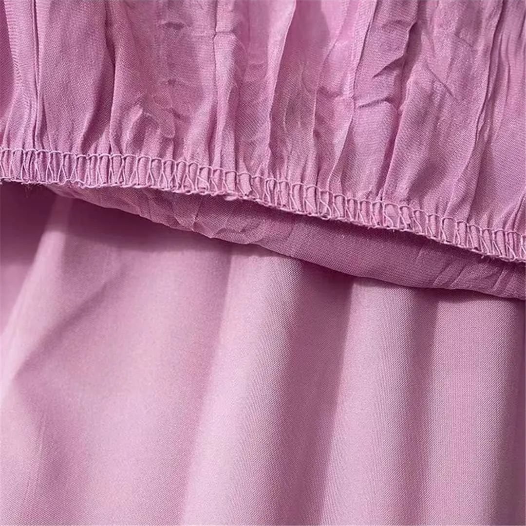 Folds Pleated Midi Skirt Women Summer Vintage Casual Solid A Line High Waist Long Skirt