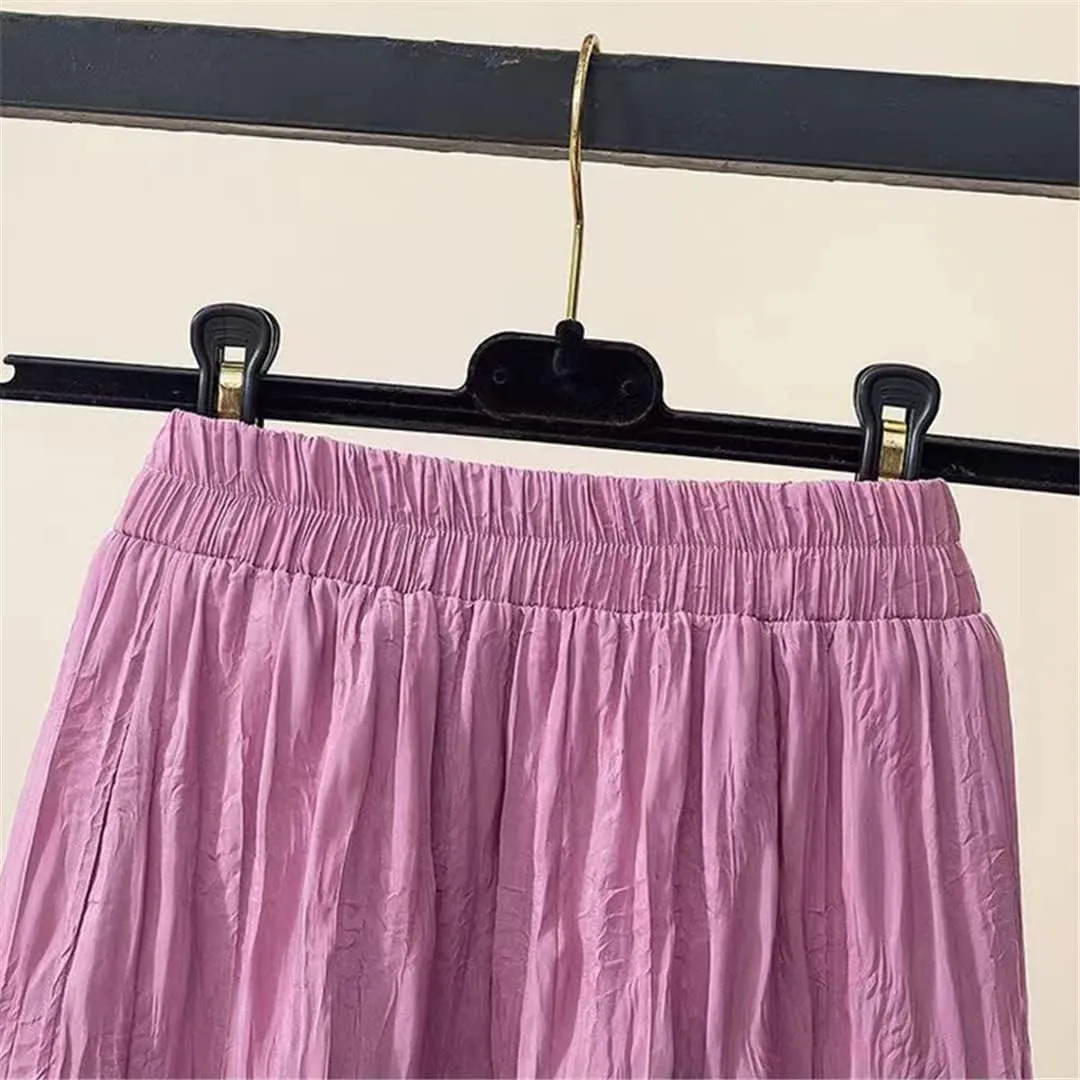 Folds Pleated Midi Skirt Women Summer Vintage Casual Solid A Line High Waist Long Skirt
