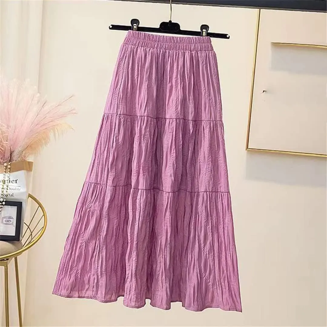 Folds Pleated Midi Skirt Women Summer Vintage Casual Solid A Line High Waist Long Skirt