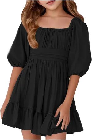 Girls Lantern Sleeve Tie Back Dresses Summer Casual Square Neck Backless Ruffle Dress A-Line Party Mini Dress
