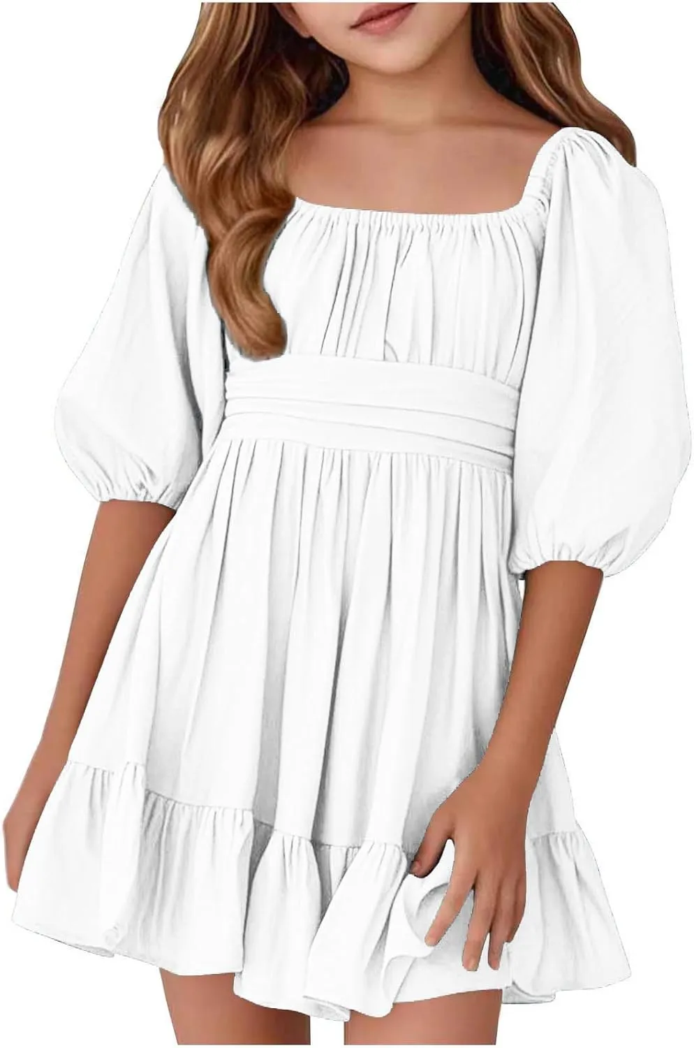 Girls Lantern Sleeve Tie Back Dresses Summer Casual Square Neck Backless Ruffle Dress A-Line Party Mini Dress