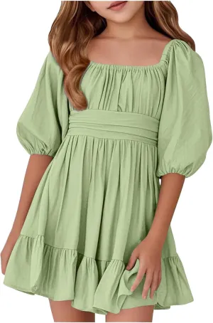Girls Lantern Sleeve Tie Back Dresses Summer Casual Square Neck Backless Ruffle Dress A-Line Party Mini Dress