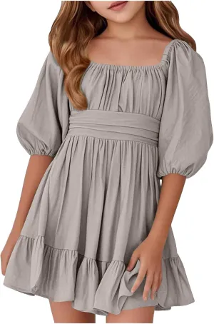 Girls Lantern Sleeve Tie Back Dresses Summer Casual Square Neck Backless Ruffle Dress A-Line Party Mini Dress