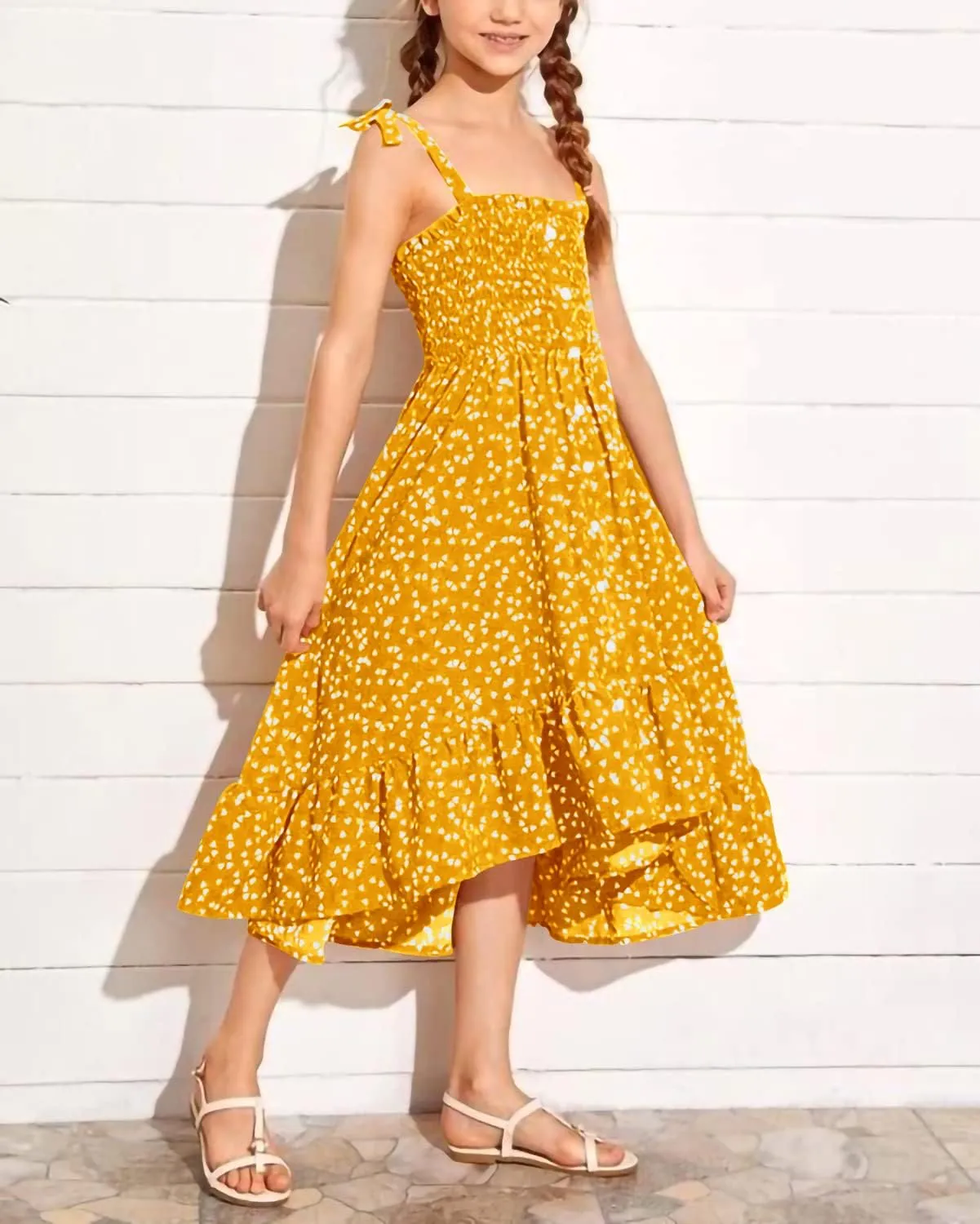 Girls Summer Dress Kids Sleeveless Tie Strap Boho Beach Midi Dress Smocked Ruffle Flowy Sundresses