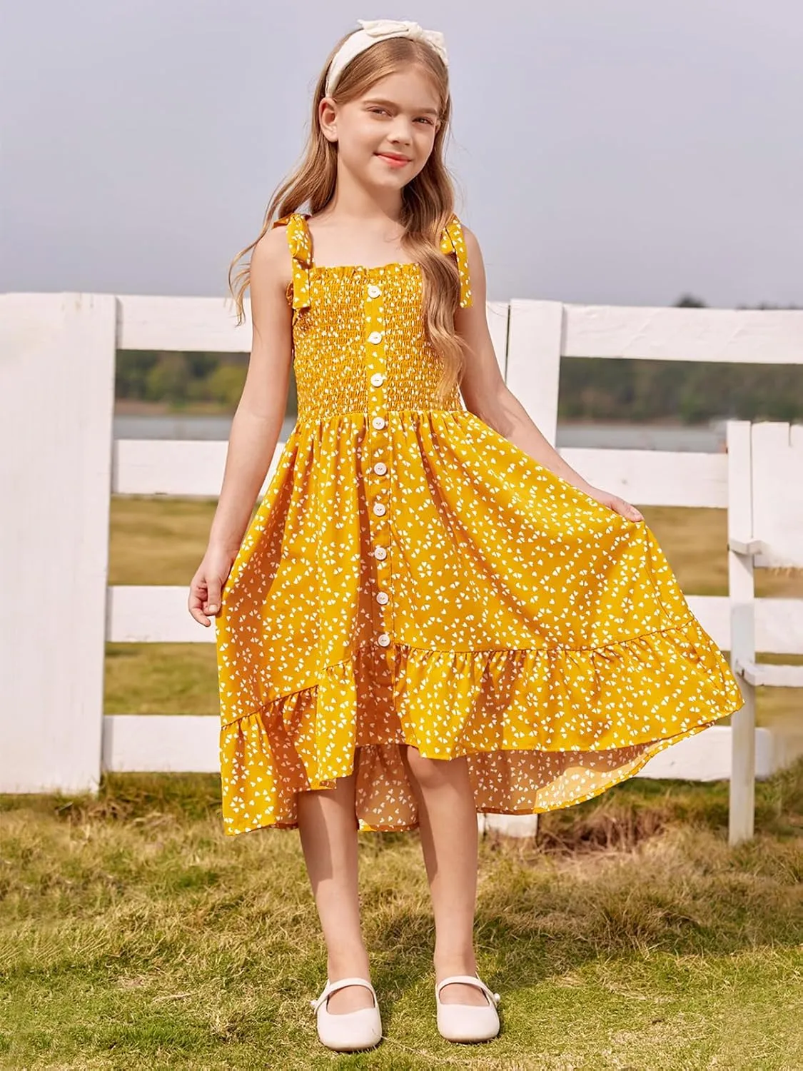 Girls Summer Dress Kids Sleeveless Tie Strap Boho Beach Midi Dress Smocked Ruffle Flowy Sundresses