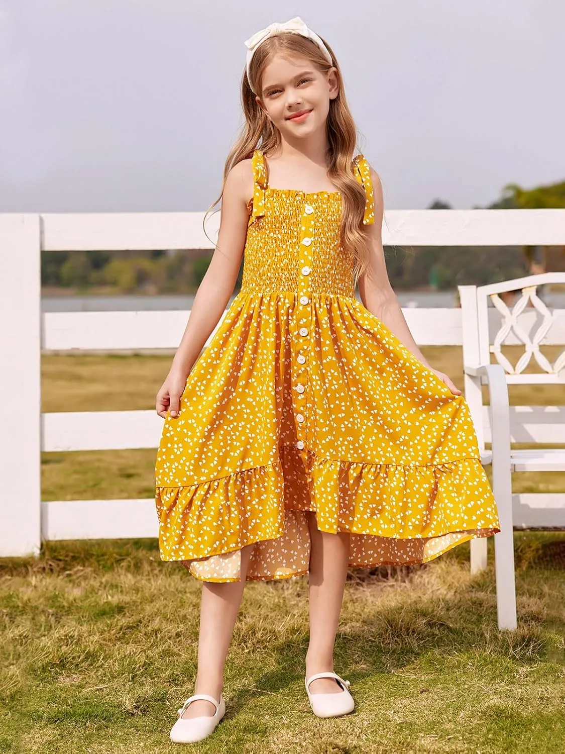Girls Summer Dress Kids Sleeveless Tie Strap Boho Beach Midi Dress Smocked Ruffle Flowy Sundresses