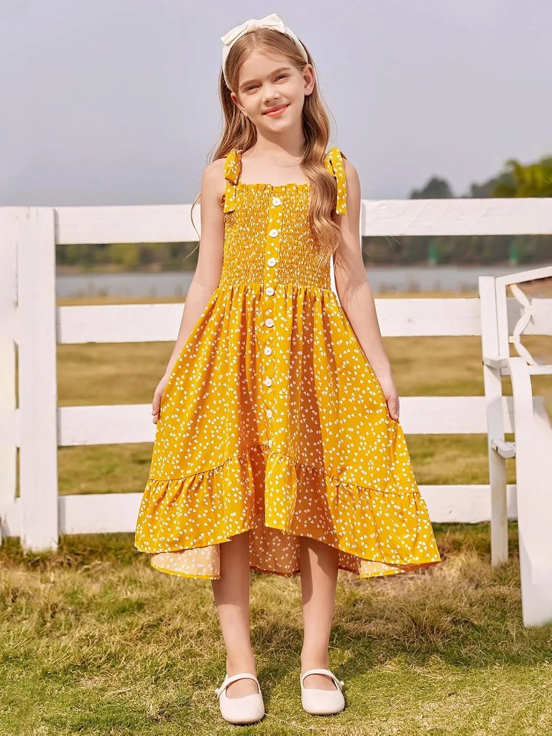 Girls Summer Dress Kids Sleeveless Tie Strap Boho Beach Midi Dress Smocked Ruffle Flowy Sundresses