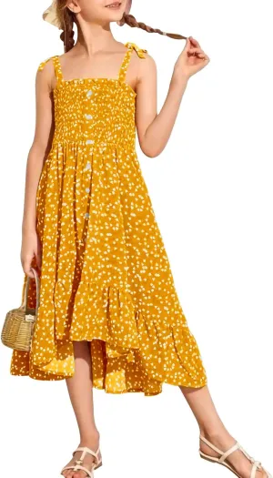 Girls Summer Dress Kids Sleeveless Tie Strap Boho Beach Midi Dress Smocked Ruffle Flowy Sundresses