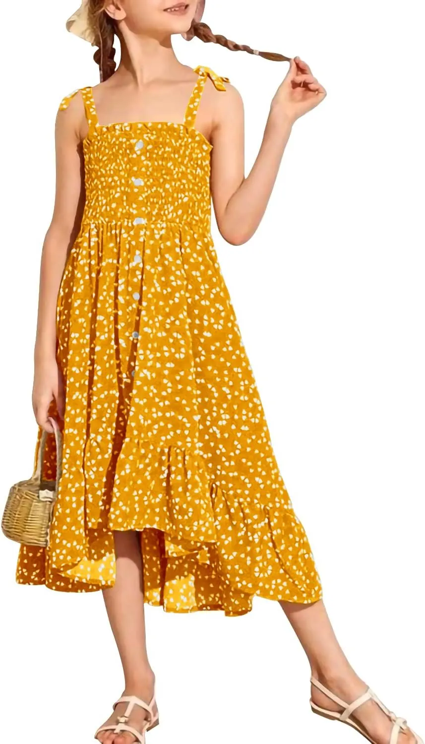 Girls Summer Dress Kids Sleeveless Tie Strap Boho Beach Midi Dress Smocked Ruffle Flowy Sundresses