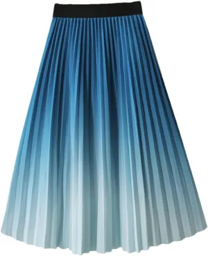 Gradient Long Pleated Skirt Women Spring Summer Vintage A Line High Waist Midi Skirt