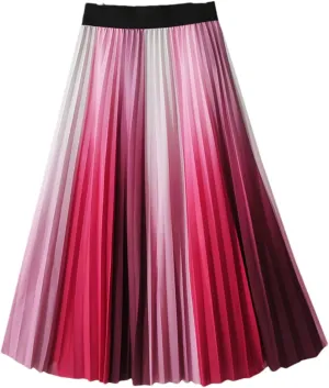 Gradient Long Pleated Skirt Women Spring Summer Vintage A Line High Waist Midi Skirt