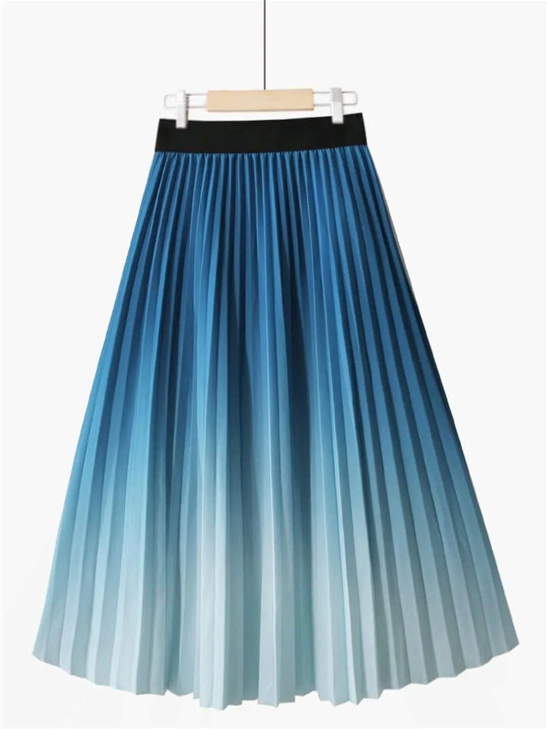 Gradient Long Pleated Skirt Women Spring Summer Vintage A Line High Waist Midi Skirt