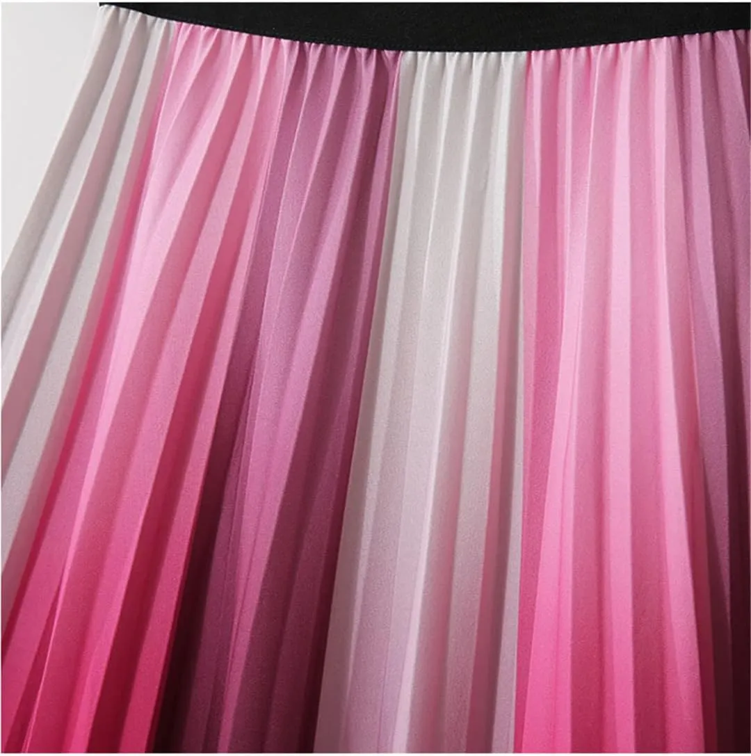 Gradient Long Pleated Skirt Women Spring Summer Vintage A Line High Waist Midi Skirt