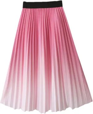 Gradient Long Pleated Skirt Women Spring Summer Vintage A Line High Waist Midi Skirt