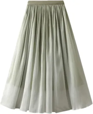 Gradient Midi Long Skirt Women Summer A Line High Waist Pleated Mid-Length Skirt