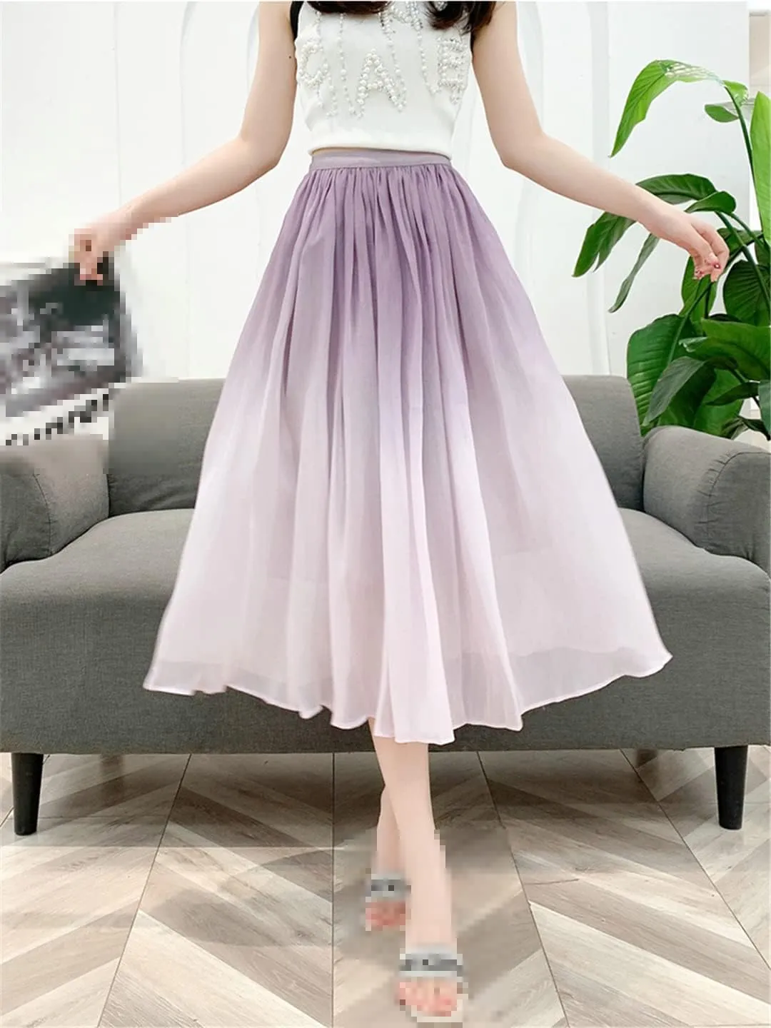 Gradient Midi Long Skirt Women Summer A Line High Waist Pleated Mid-Length Skirt