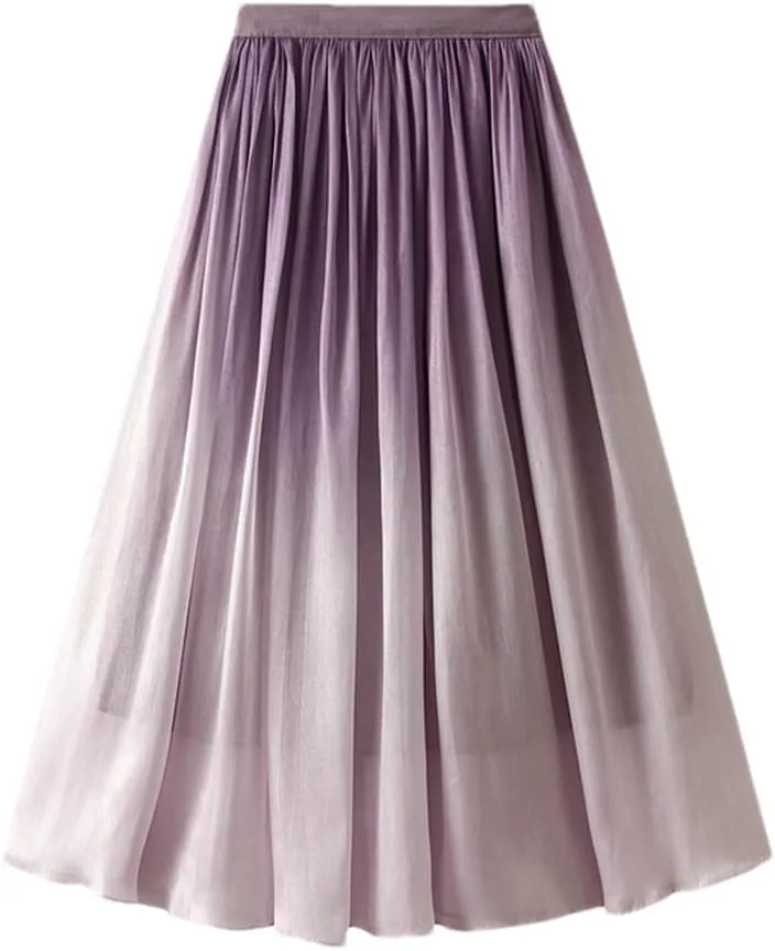 Gradient Midi Long Skirt Women Summer A Line High Waist Pleated Mid-Length Skirt