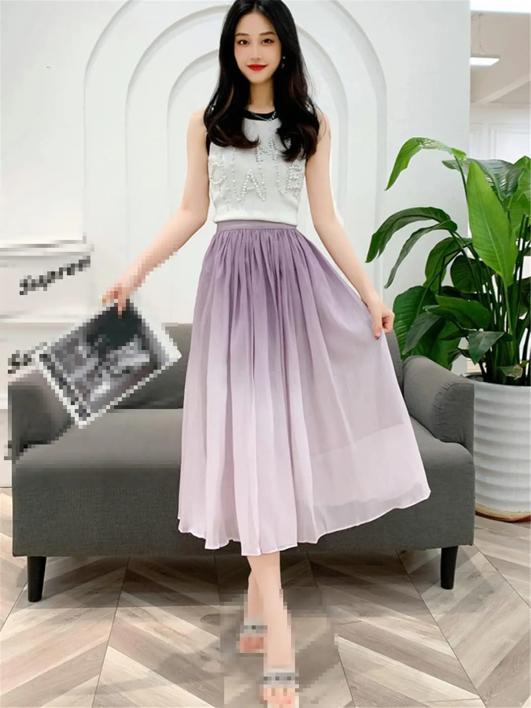 Gradient Midi Long Skirt Women Summer A Line High Waist Pleated Mid-Length Skirt