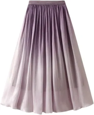 Gradient Midi Long Skirt Women Summer A Line High Waist Pleated Mid-Length Skirt