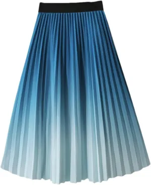 Gradient Midi Skirt Women Summer Vintage Casual A Line High Waist Pleated Long Skirt