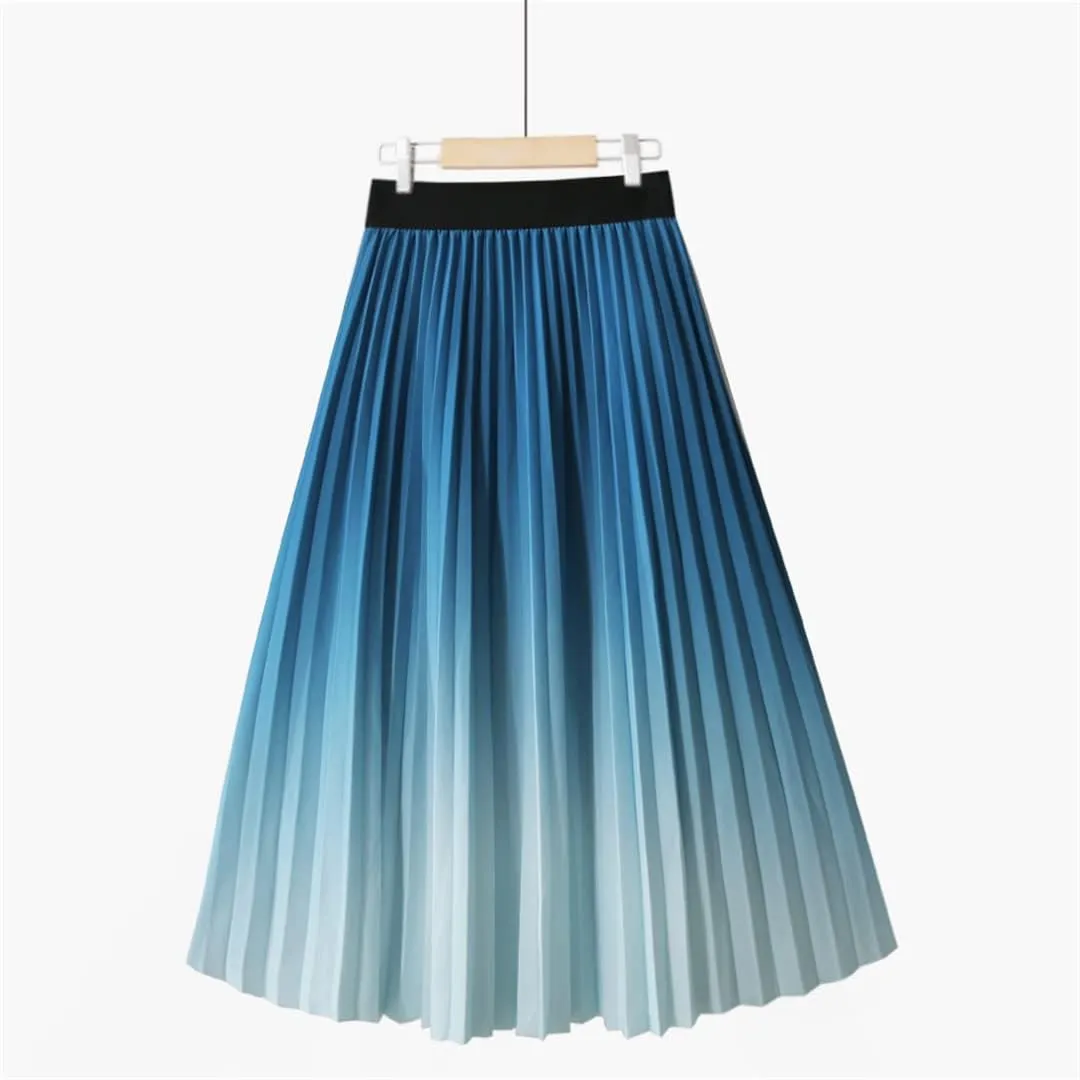 Gradient Midi Skirt Women Summer Vintage Casual A Line High Waist Pleated Long Skirt