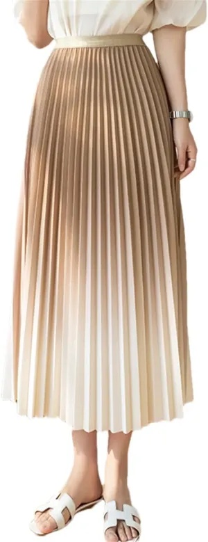 Gradient Pleated Skirt for Women Spring Summer A Line High Waist Midi Long Skirt