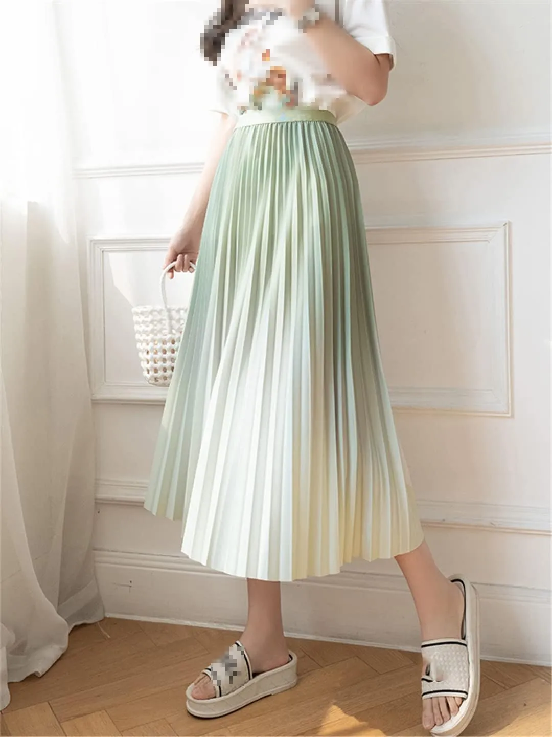 Gradient Pleated Skirt for Women Spring Summer A Line High Waist Midi Long Skirt