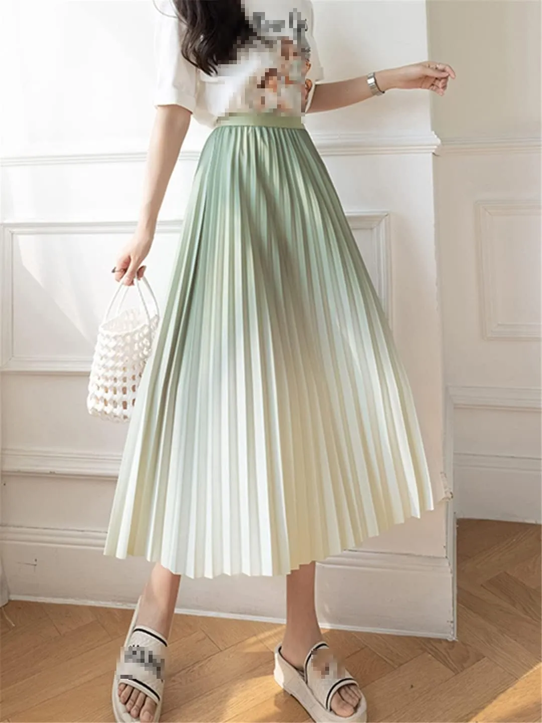 Gradient Pleated Skirt for Women Spring Summer A Line High Waist Midi Long Skirt