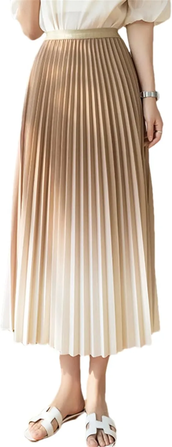 Gradient Pleated Skirt for Women Spring Summer A Line High Waist Midi Long Skirt