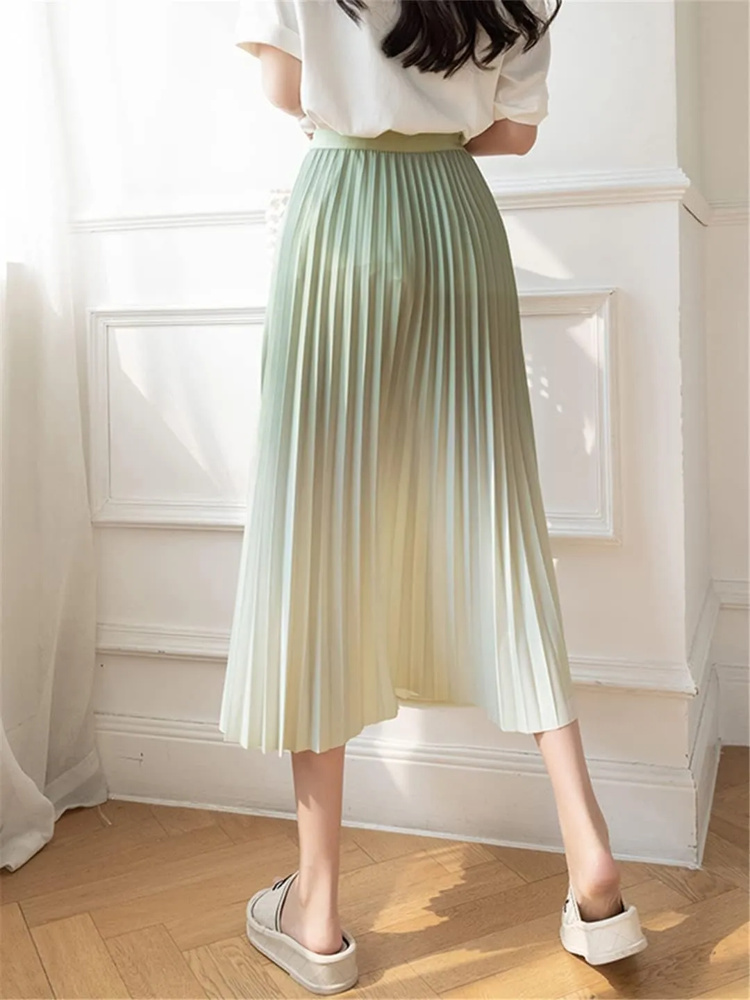 Gradient Pleated Skirt for Women Spring Summer A Line High Waist Midi Long Skirt