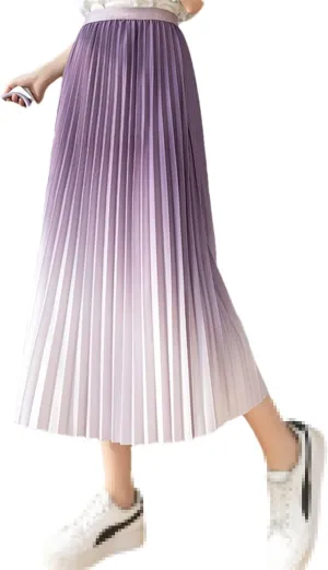 Gradient Pleated Skirt for Women Spring Summer A Line High Waist Midi Long Skirt