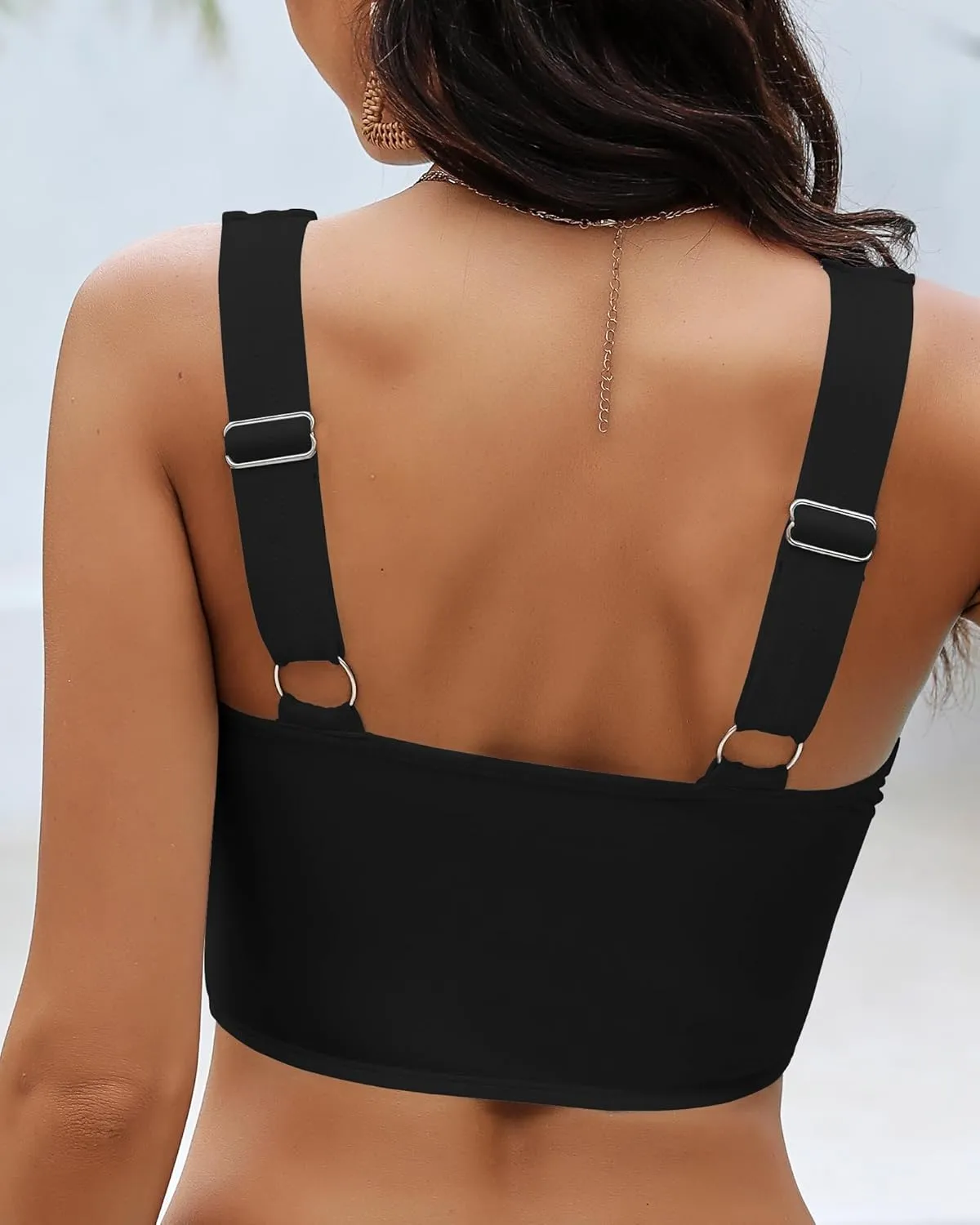 GRAPENT Bikini Tops for Women Cropped StrapCore Tankini Tops Beach Padded Knot Twist Cut Out Adjustable Swimwear Top Only